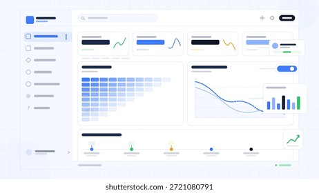 A digital workspace displays a data dashboard featuring various graphs and charts. The interface showcases metrics for performance tracking and analysis for users.