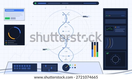 A digital workspace displays graphs and data related to DNA analysis. Multiple visual elements include circular and linear charts with sliders, buttons, and indicators.