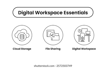 Digital Workspace Essentials icon set. Includes Cloud Storage, File Sharing, and Digital Workspace icons. Vector icon set