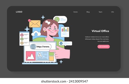 Digital workspace exploration. Woman navigates a vibrant interface with cloud uploads, messages, and analytics. Engaging with online resources and communication. Flat vector illustration