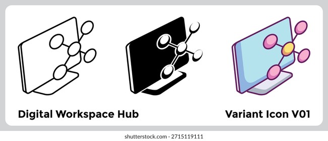 Digital Workspace Hub centralizes tools and projects for smooth team productivity. Line, Filled, Color style.