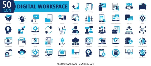 DIGITAL WORKSPACE ICON SET With Achieving Goals, Content Marketing, Lecture, Headhunting, Partnership, Workplace, Collaboration, Autonomy, Appreciation and Files And Folders 