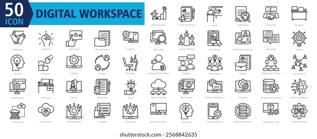 DIGITAL WORKSPACE ICON SET With Achieving Goals, Content Marketing, Lecture, Headhunting, Partnership, Workplace, Collaboration, Autonomy, Appreciation and Files And Folders 