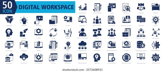 DIGITAL WORKSPACE ICON SET With Achieving Goals, Content Marketing, Lecture, Headhunting, Partnership, Workplace, Collaboration, Autonomy, Appreciation and Files And Folders 