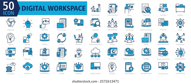 DIGITAL WORKSPACE ICON SET With Achieving Goals, Content Marketing, Lecture, Headhunting, Partnership, Workplace, Collaboration, Autonomy, Appreciation and Files And Folders