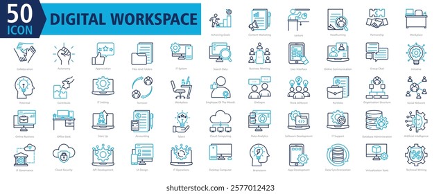 DIGITAL WORKSPACE ICON SET With Achieving Goals, Content Marketing, Lecture, Headhunting, Partnership, Workplace, Collaboration, Autonomy, Appreciation and Files And Folders