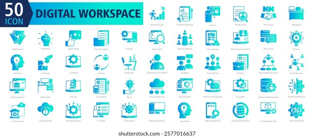 DIGITAL WORKSPACE ICON SET With Achieving Goals, Content Marketing, Lecture, Headhunting, Partnership, Workplace, Collaboration, Autonomy, Appreciation and Files And Folders