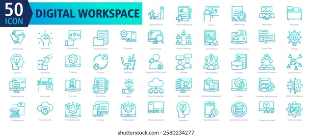 DIGITAL WORKSPACE ICON SET With Achieving Goals, Content Marketing, Lecture, Headhunting, Partnership, Workplace, Collaboration, Autonomy, Appreciation and Files And Folders 
