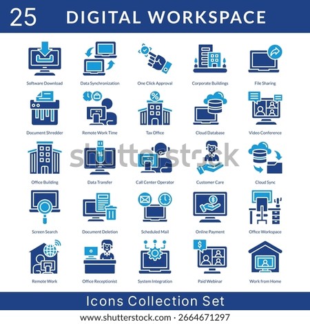 Digital Workspace icon set collection in solid glyph style. an icon pack contain file sharing, document shredder, remote work time, tax office, cloud database, video conference