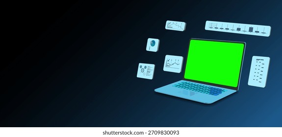 Digital workspace with laptop displaying green screen and data charts for analysis and visualization at a modern office setting