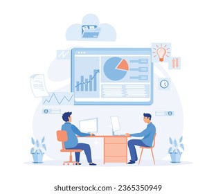 digital workspace, remote work and teamwork concept. Corporate business team having a meeting in a virtual office room. flat vector modern illustration
