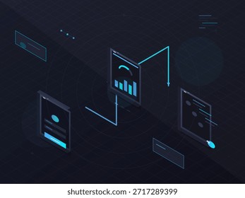 In a digital workspace, screens display graphs and charts that show data flow and analysis. Lines connect the screens, illustrating interaction and information exchange.