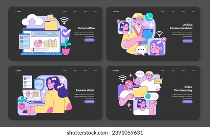 Digital Workspace set. Secure cloud storage interface, employees in unified communication, secure remote connection via VPN, team video conferencing. Flat vector illustration.