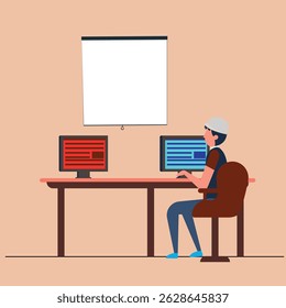 Digital Workspace Setup with Dual Monitors, Projector Screen, and User in Hat Working at Desk