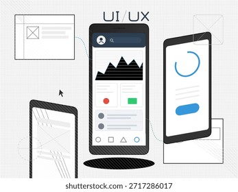 En un espacio de trabajo digital, varias pantallas de dispositivos móviles muestran diferentes diseños y gráficos. El enfoque se centra en el diseño de la interfaz de usuario y la experiencia del usuario. Varios Elementos ilustran el trabajo de programación activo.