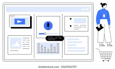 A digital workspace showcasing various user interface elements like video playback, microphone settings, charts, and notifications. Ideal for user experience, data visualization, web development