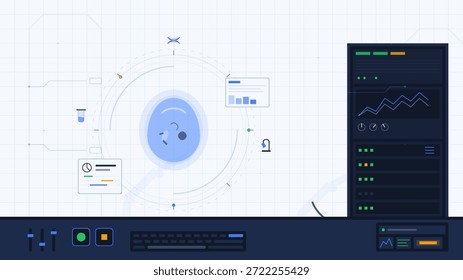 Un espacio de trabajo digital muestra un punto de datos central rodeado de gráficas, Estadísticas e íconos que representan el análisis. Destaca las herramientas tecnológicas para monitorear los cambios en los datos a lo largo del tiempo.