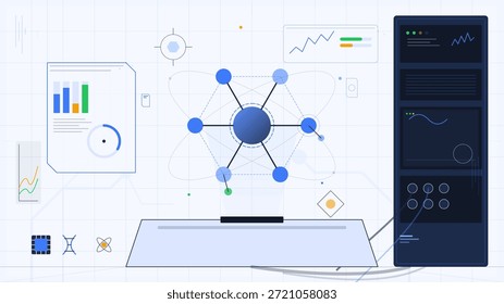Um espaço de trabalho digital mostra diferentes pontos de dados conectados por linhas. Gráficos exibem informações sobre métricas. Ferramentas de análise estão presentes na tela.