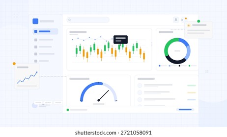 A digital workspace shows various charts and graphs representing data trends. Users can analyze statistics through interactive elements and visual aids in real-time.