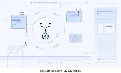 A digital workspace shows various charts and visualizations related to data analysis. People interact with the graphs and symbols on the screen.