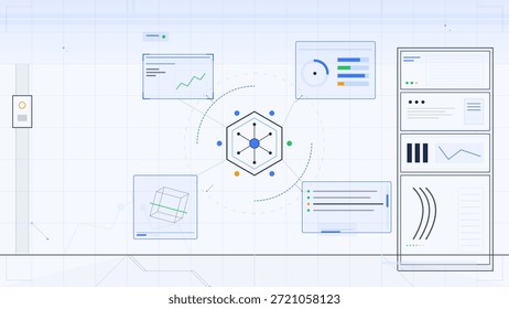 Un espacio de trabajo digital muestra varias herramientas de análisis de datos. Gráficos y gráficos muestran métricas mientras los puntos de datos se conectan a una estructura central.