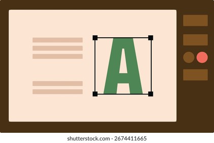 A digital workspace with text and a letter in a design program interface. The layout shows editing tools and a bold letter on a screen. Cartoon vector illustration.