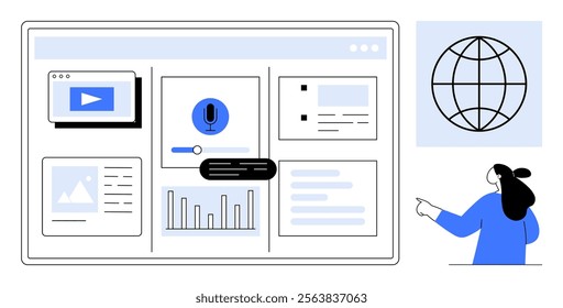 Digital workspace with video player, microphone, charts, and text, alongside a globe icon and person pointing. Ideal for technology, digital communication, productivity, data visualization