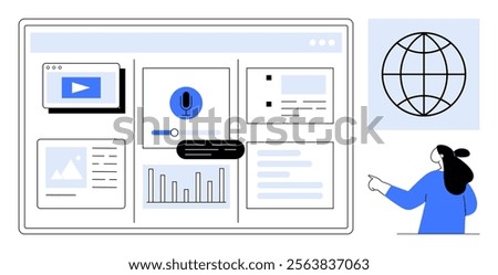 Digital workspace with video player, microphone, charts, and text, alongside a globe icon and person pointing. Ideal for technology, digital communication, productivity, data visualization