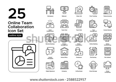 Digital Workspace and Virtual Office Solutions. Online Meetings, Remote Collaboration, and Productivity. Vector Illustration. Outline icon set