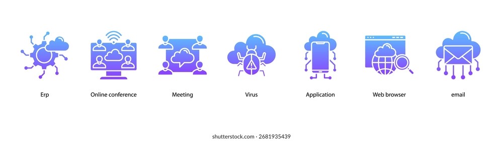 Digital Workspace web banner icon vector illustration featuring ERP, Online Conference, Meeting, Virus, Application, Web Browser, and Email.