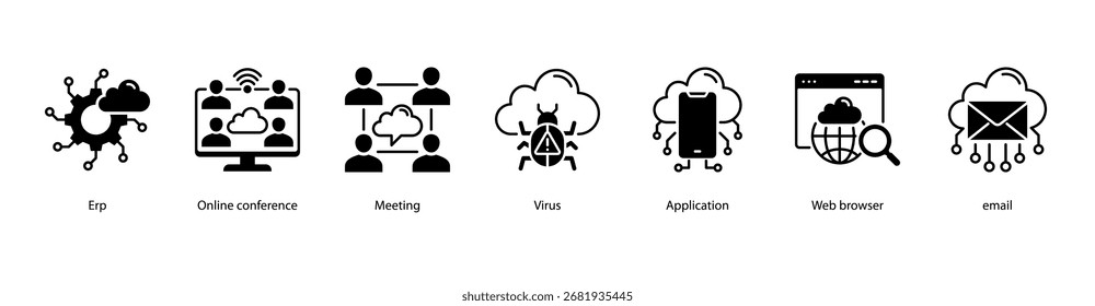 Ilustração vetorial do ícone de banner da Web do Espaço de Trabalho Digital apresentando ERP, Conferência On-line, Reunião, Vírus, Aplicativo, Navegador da Web e E-mail.