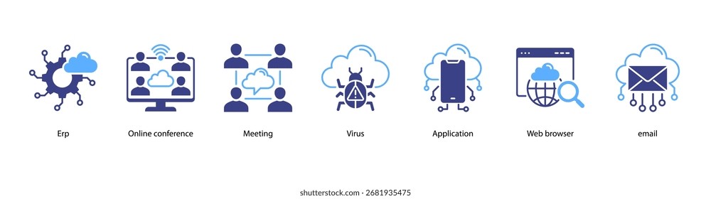 Digital Workspace web banner icon vector illustration featuring ERP, Online Conference, Meeting, Virus, Application, Web Browser, and Email.