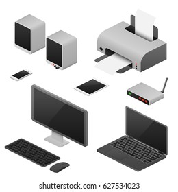 Digital workstation isometric vector computers, supplies of office workspace