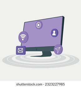 Digital world concept poster laptop with technology icons Vector