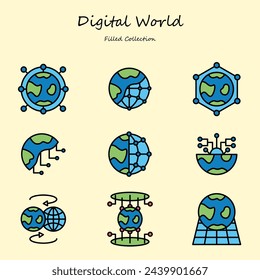 Digital World Editable Icons Set Filled Line Style. With Various Shapes. Digital, World, Metaverse, Earth, Globe. Filled Collection