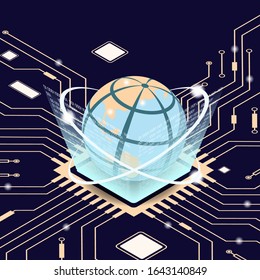 El mundo digital. El mundo de la alta tecnología. El planeta está en el tablero. Ilustración vectorial.