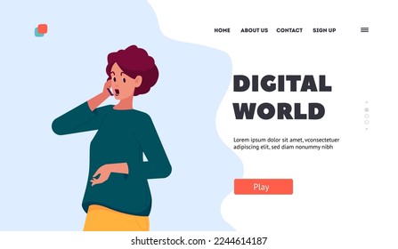 Digital World Landing Page Template. Female Character Wearing Modern Clothes Talking With Friend Using Smartphone. Mobile Connection, Cellphone Communication Concept. Cartoon Vector Illustration