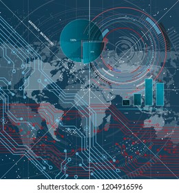 digital world map abstract technology infographic graph diagtam dark blue  background  computer circuit board  web design  concept flat vector illustration 