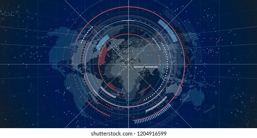 digital world map abstract technology dark blue  background circle lines computer cyberspace  concept horizontal flat vector illustration 