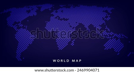 Digital world map background made of glowing dots or pixels. A futuristic vector concept of a global network for technology, international business, logistics, and big data communication.