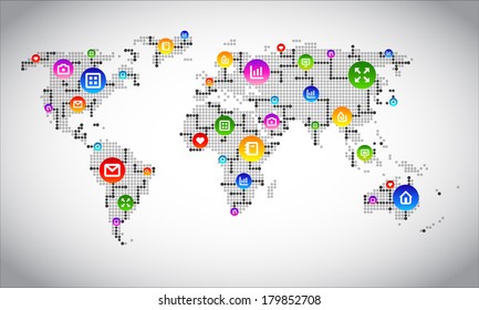 Digital world map circuit, symbolizing digital marketing, globalization, Hi tech, social media, connection and synchronization. Modern infographic template. Vector EPS 10 