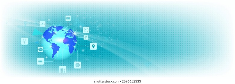 Mapa mundial digital com linhas de conexão globais e ícones de tecnologia, representando o intercâmbio mundial de dados, comunicação global de negócios e conceito de rede de inovação.