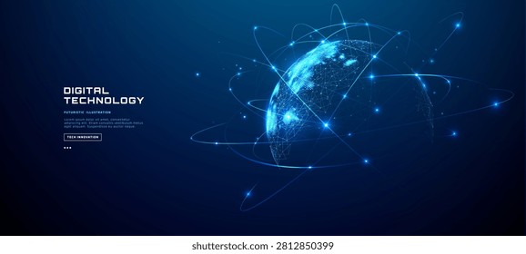 Digital world map with glowing network connections on blue globe surface, featuring orbital lines and illuminated dots in futuristic wireframe design. Global connection concept. Vector illustration.