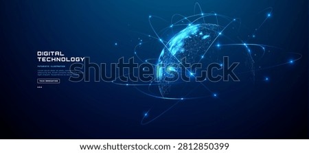 Digital world map with glowing network connections on blue globe surface, featuring orbital lines and illuminated dots in futuristic wireframe design. Global connection concept. Vector illustration.