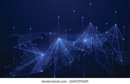 digital world map with glowing nodes and lines connecting across continents, representing global communication, data exchange, and network systems.