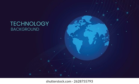 Mapa de mundo digital com pontos brilhantes e linhas conectadas criando um design com tema tecnológico futurista