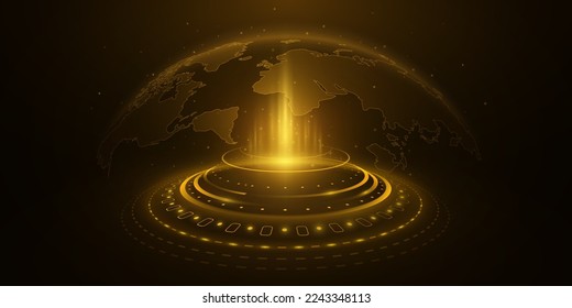 Digital world map with HUD elements. Earth hologram with golden glow. Sci-fi global network. Technology background. Vector illustration. EPS 10