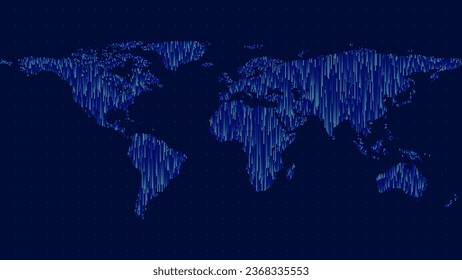 Digitale Weltkarte aus Partikelpunkten. Abstrakter Technologie-Hintergrund im Matrix-Stil. Vektorgrafik. Hightech-Hintergrund. Darknet Dark Web Hackers Konzept.