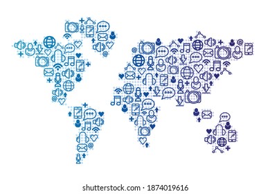 Digital world map with set of social and media icons. Social media and communication concept.  Vector illustration design