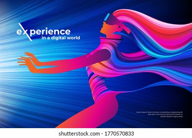 Digital world theme design in vector illustration featuring the lady that wearing VR headset is experiencing the cyber world 